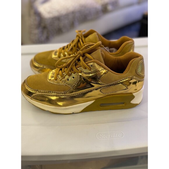 Gold Sneakers Womens Lace Up Sz 41 EU or Sz 10 US Sporty Shiny Party Festive - Picture 3 of 14